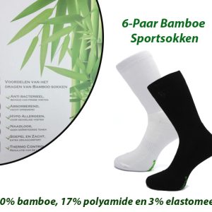 Origineel Bamboe Sportsokken 6-Paar in Zwart Kleur-Maat 43-45