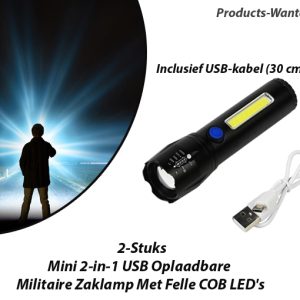 2-Stuks Mini 2-in-1 USB Oplaadbare Militaire Zaklamp Met Felle COB LED’s