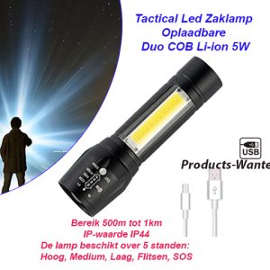 2-Stuks USB Oplaadbare Militaire Tactical Led Zaklamp Duo COB Li-ion 5W